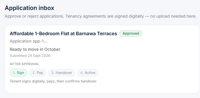 Application inbox in the Settlla agent dashboard showing an approved application and the sign, pay, handover and active steps