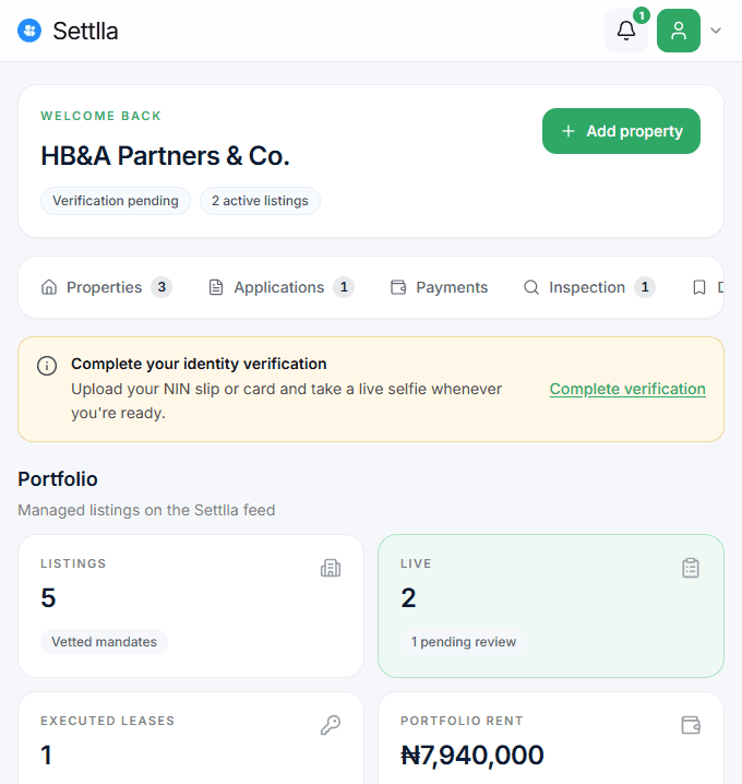 Settlla agent dashboard showing the agency's portfolio, verification status and tabs for properties, applications, payments, inspections and demand