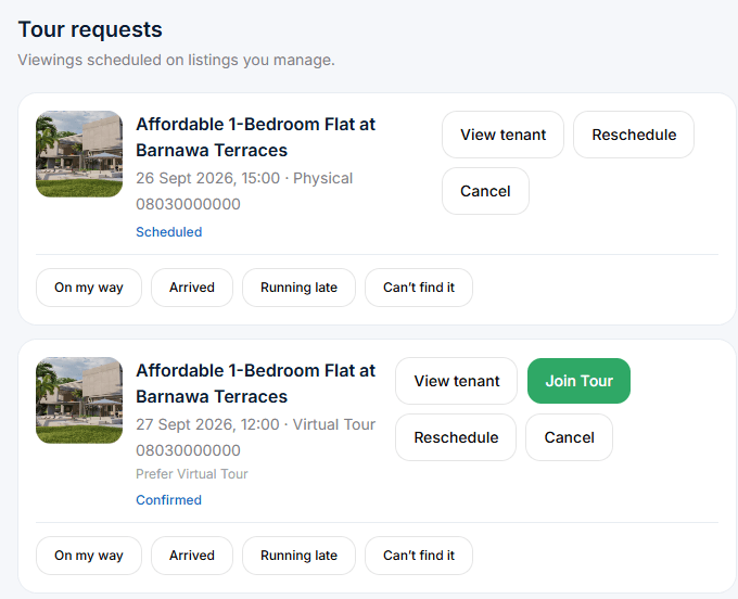 Tour requests screen in the Settlla agent dashboard showing physical and virtual inspections with live status updates