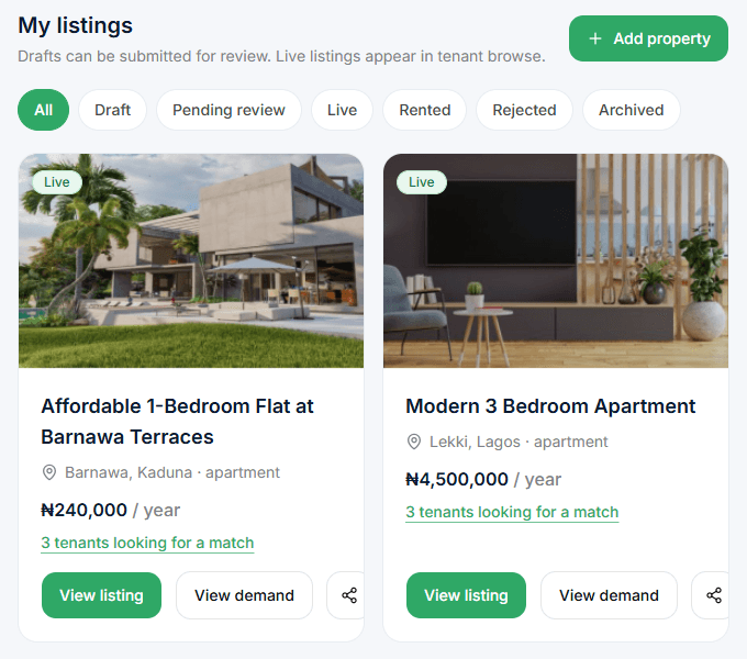 My listings screen in the Settlla agent dashboard with status filters and a count of renters looking for a match on each listing